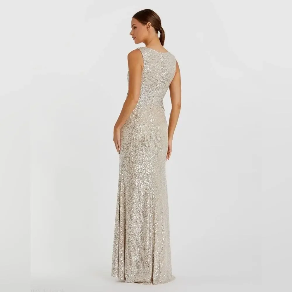 Mac Duggal Silver Sequin V Neck Wrap Gown Nude Formal Evening Dress 10 NWT - Picture 5 of 12